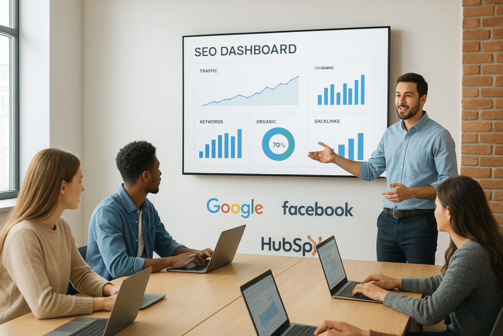 Trainer explaining SEO dashboard to students in a modern digital marketing classroom with Google, Facebook, and HubSpot certification logos.